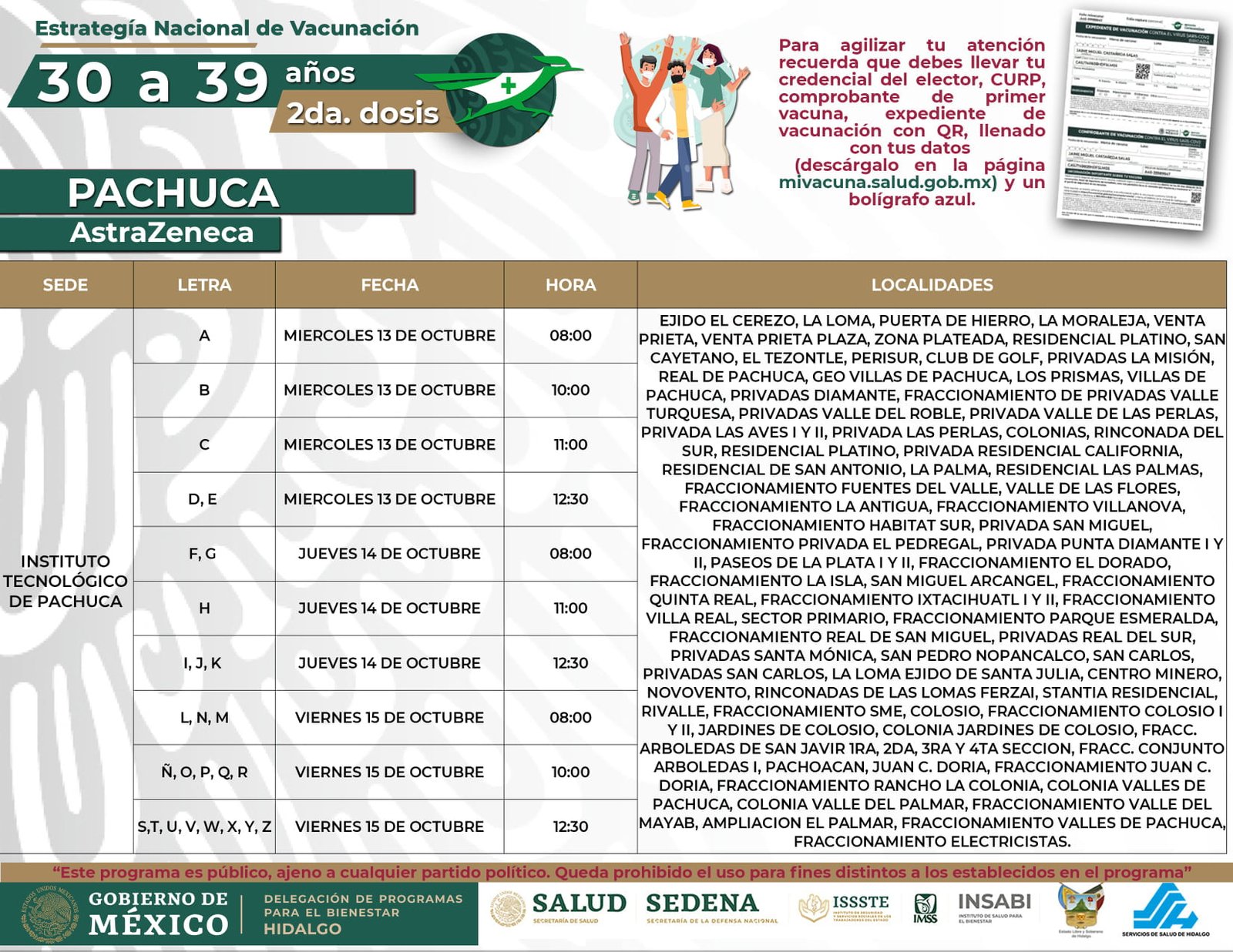 Días, horarios y sedes de aplicación de segunda dosis a personas de 30 a 39 años en Pachuca