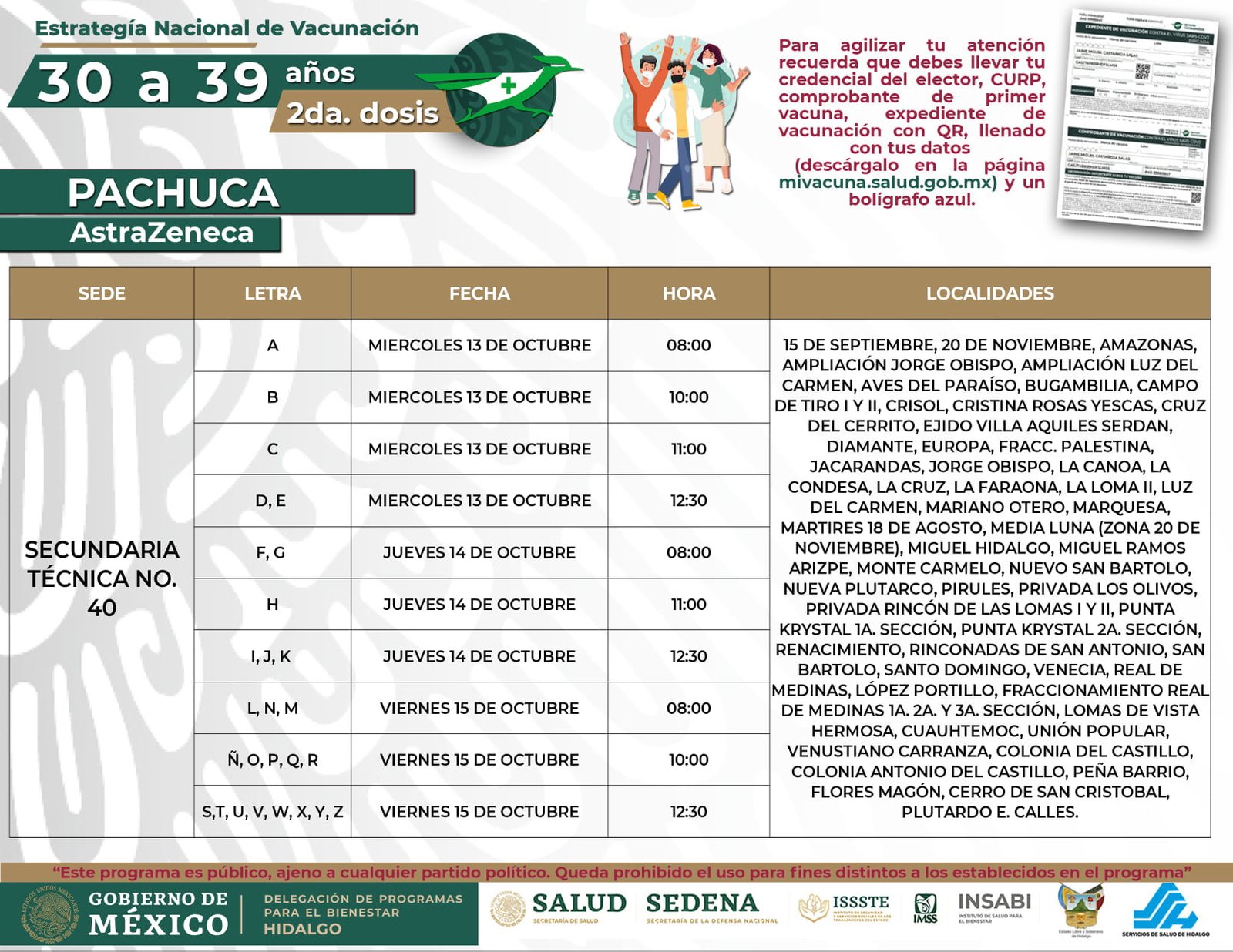 Días, horarios y sedes de aplicación de segunda dosis a personas de 30 a 39 años en Pachuca
