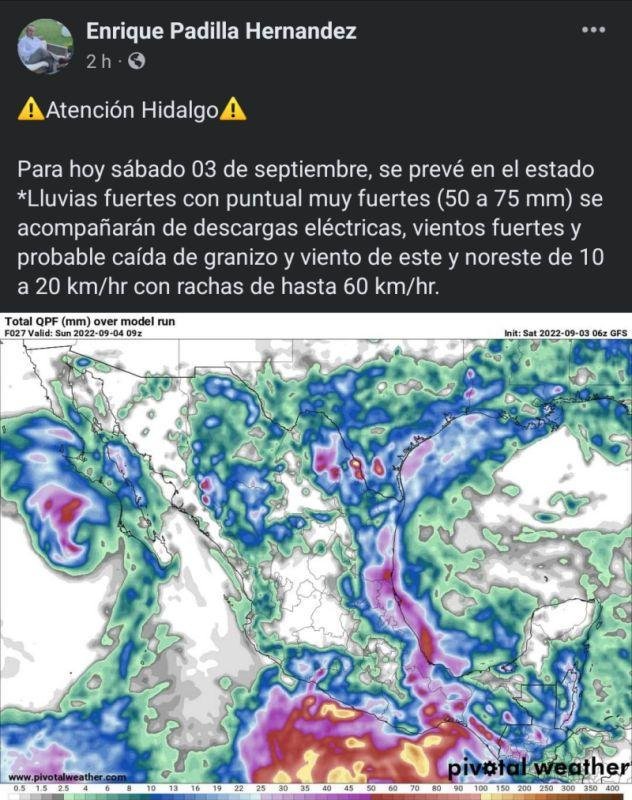 Emiten alerta en Hidalgo por pronóstico de lluvias y vientos fuertes con posible granizo
