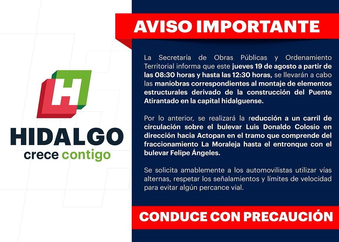 Modificarán circulación en bulevar Colosio por construcción de puente atirantado de Pachuca