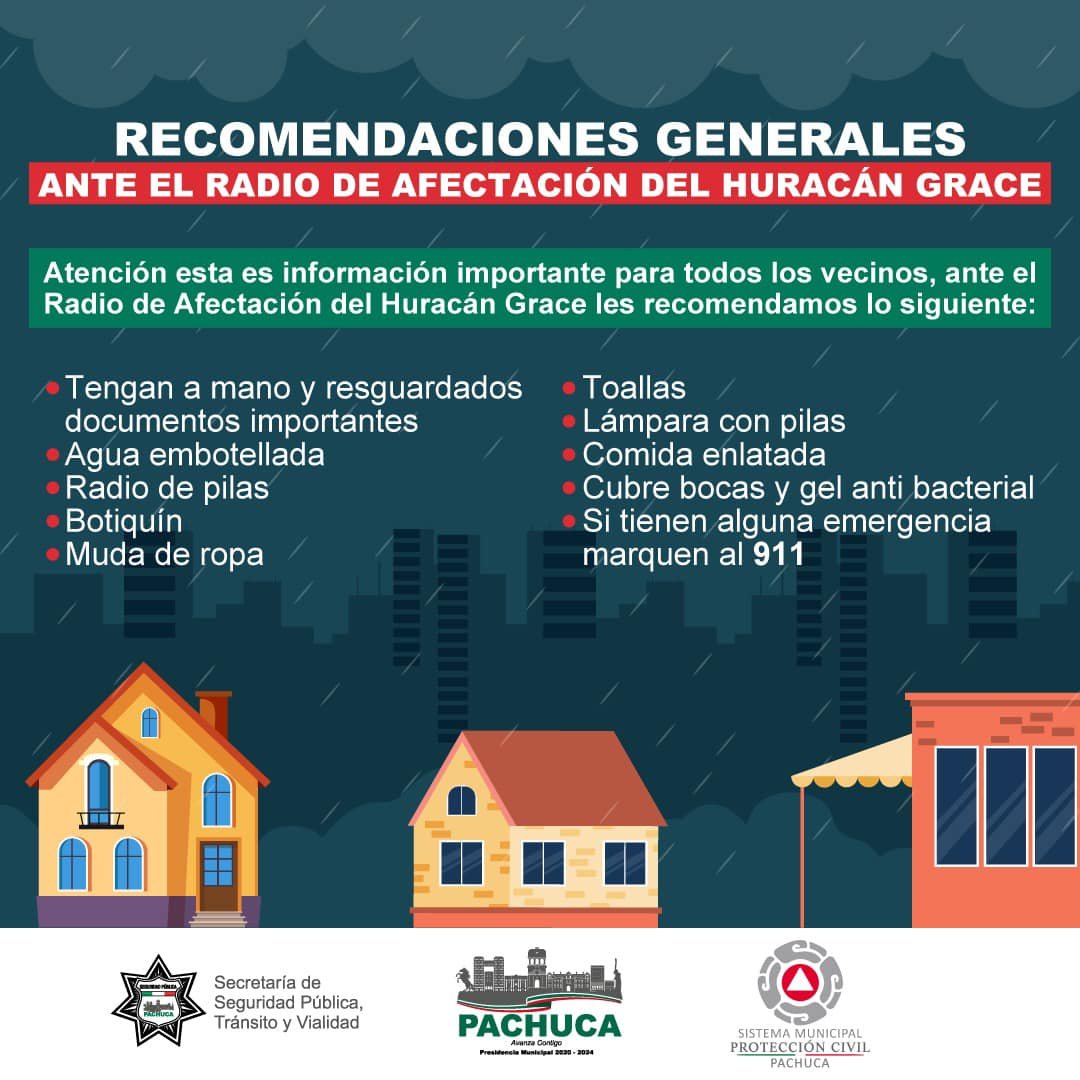 Alertan por impacto de huracán Grace en Pachuca; hay 16 colonias en riesgo y recomiendan mochila de emergencia