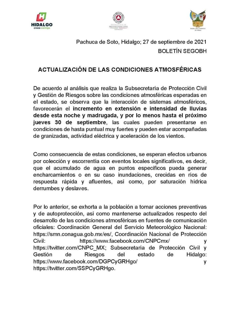 Emiten aviso para Hidalgo por condiciones atmosféricas que podrían provocar inundaciones