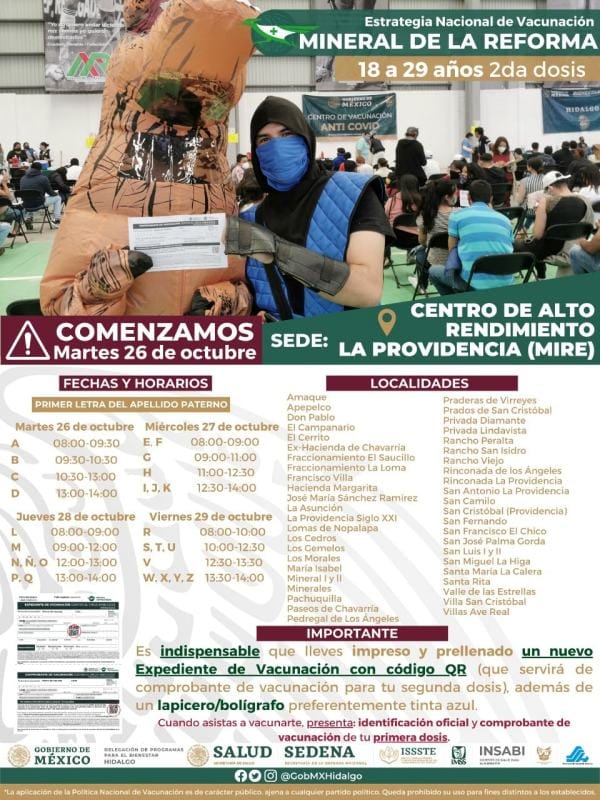 Segundas dosis para 18 a 29 años en Mineral de la Reforma: días, sedes, horarios y requisitos