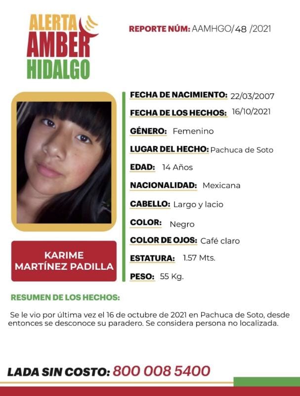Activan Alerta Amber por menor desaparecida en Pachuca