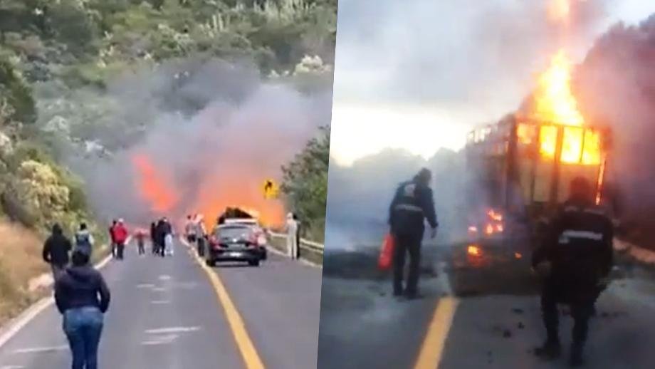 Arde camioneta con todo y mudanza en la Pachuca-Huejutla (video)