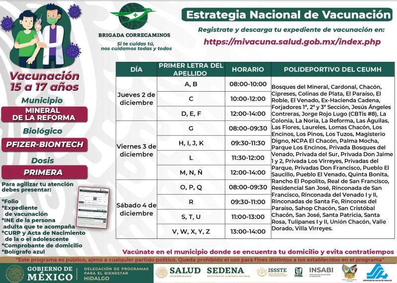 Días, sedes y horarios de vacunación para 15-17 años en Pachuca y Mineral de la Reforma