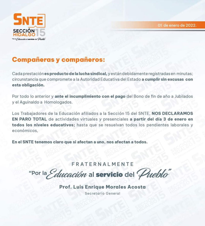 Maestros de Hidalgo se declaran en paro total a partir de este lunes en todos los niveles