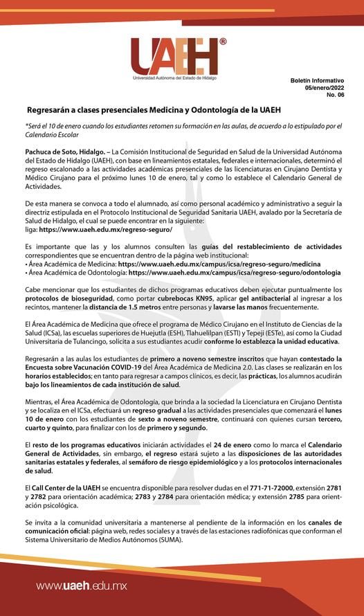 UAEH anuncia regreso a clases presenciales