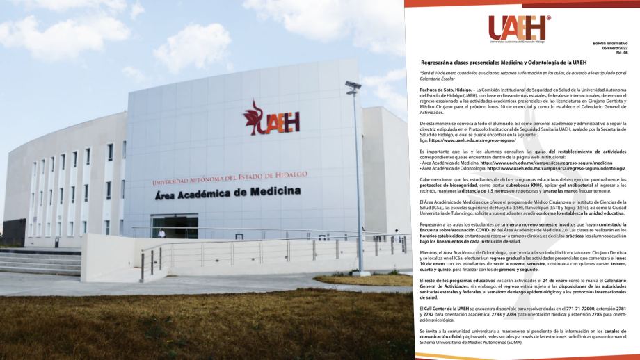 UAEH anuncia regreso a clases presenciales