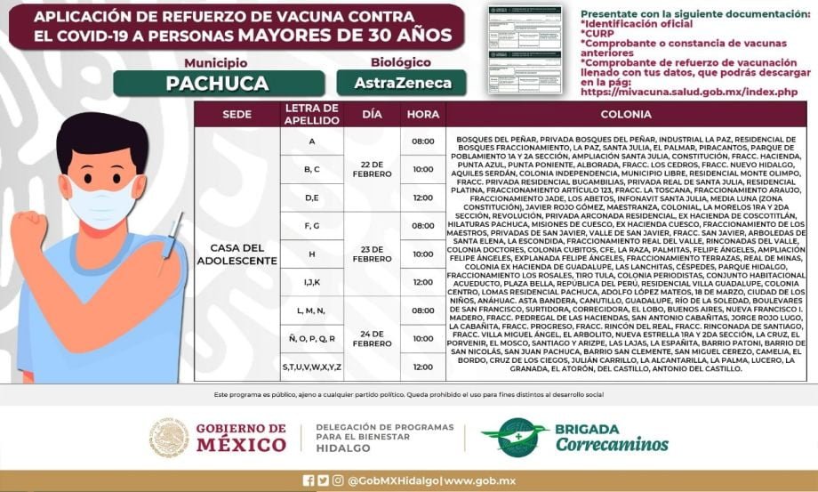 Aplicación de refuerzo para 30+ en Pachuca: días, sedes y horarios