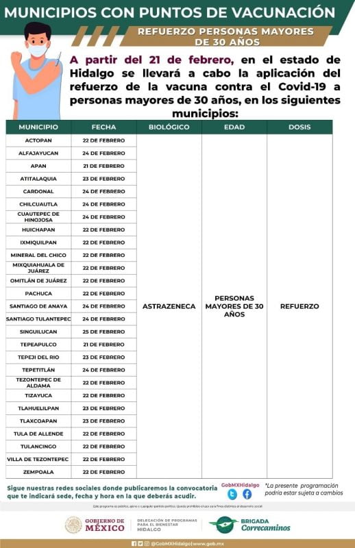 Anuncian fecha de aplicación de refuerzo para mayores de 30 años en Pachuca