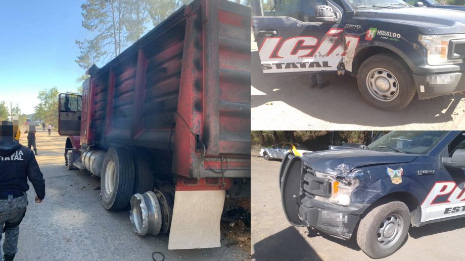 Tractocamión robado en Hidalgo arrasa con vehículos y patrullas durante persecución