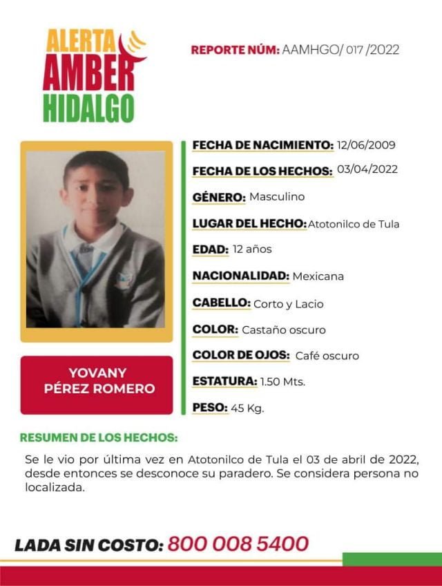 Activan Alerta Amber en Hidalgo por desaparición de niño de 12 años