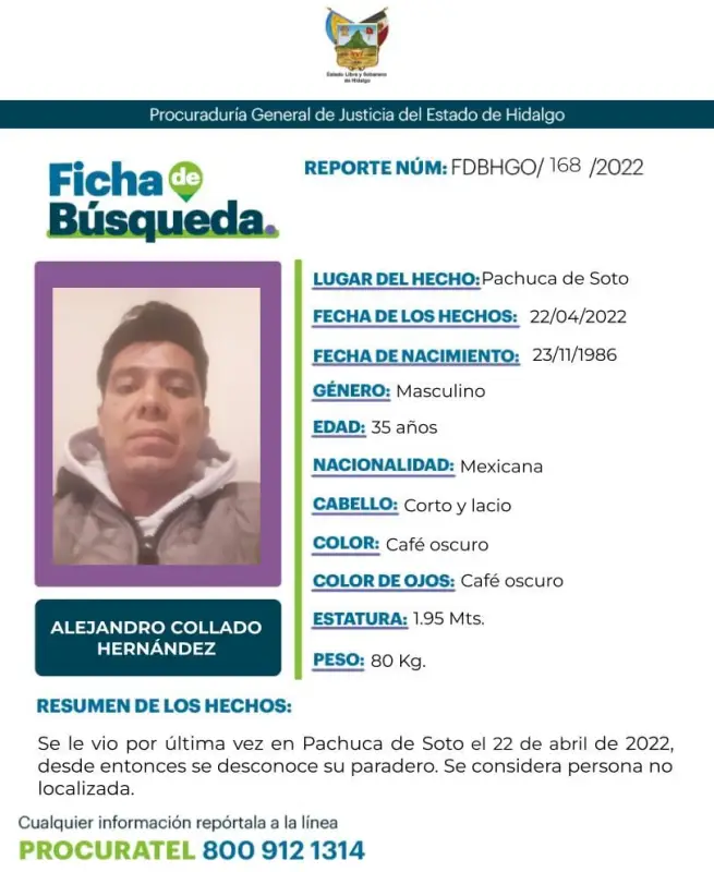 Alerta de búsqueda por hombre desaparecido en Pachuca