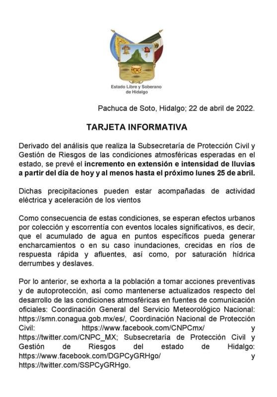 Autoridades alertan por incremento de lluvias en Hidalgo: podrían ocasionar inundaciones