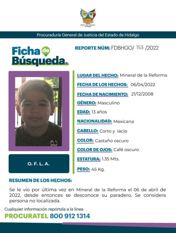 Activan alerta de búsqueda por menor desaparecido en Mineral de la Reforma