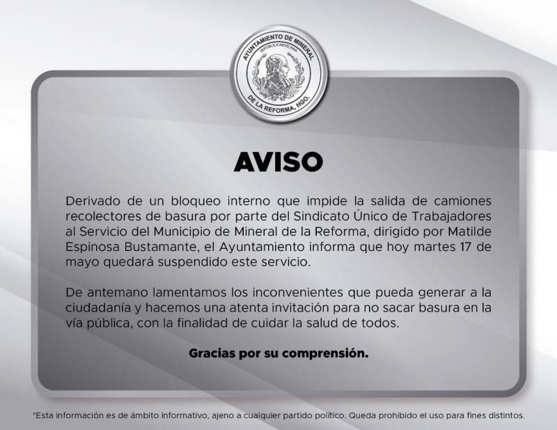 Bloqueo de sindicato deja sin recolección de basura a Mineral de la Reforma