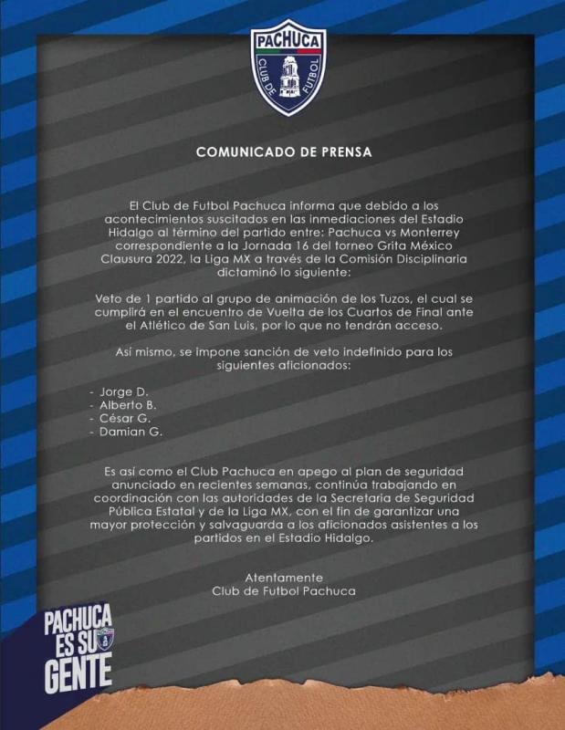 Liga MX veta al grupo de animación de Pachuca: no podrá ingresar al Hidalgo