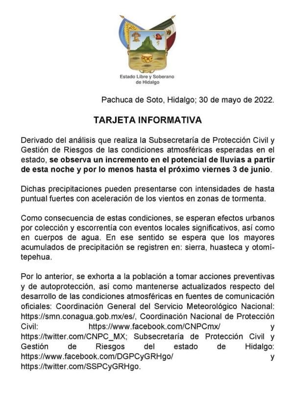 Potencial de fuertes lluvias y aceleración de vientos en Hidalgo, alerta Protección Civil