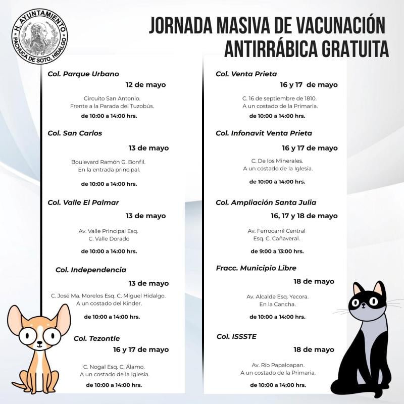 Jornada de vacunación antirrábica gratuita en Pachuca llegará a más de 30 colonias