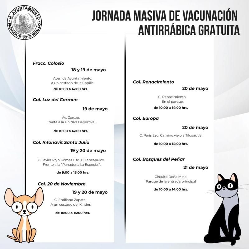 Jornada de vacunación antirrábica gratuita en Pachuca llegará a más de 30 colonias