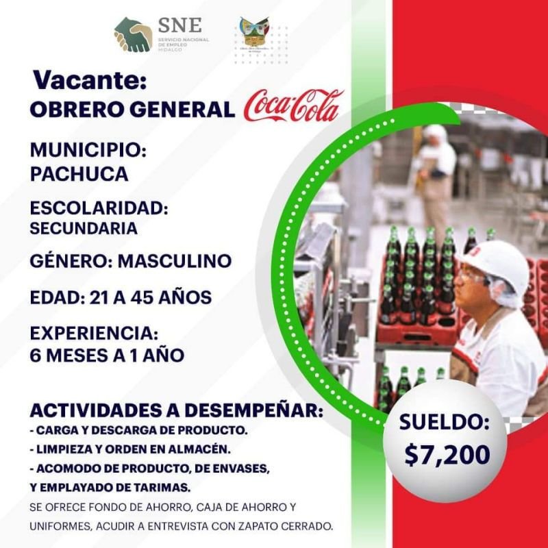 ¿Buscas trabajo? Famosa empresa refresquera ofrece empleo en Pachuca