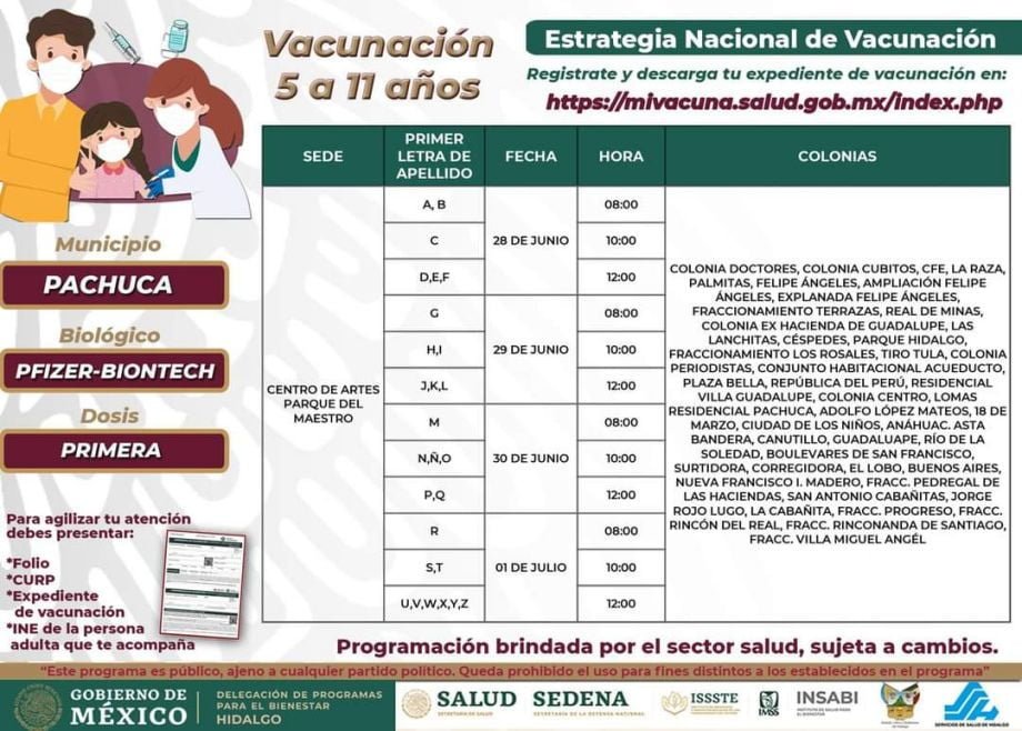 Sedes y horarios para vacunación de niñas y niños de 5 a 11 años en Pachuca