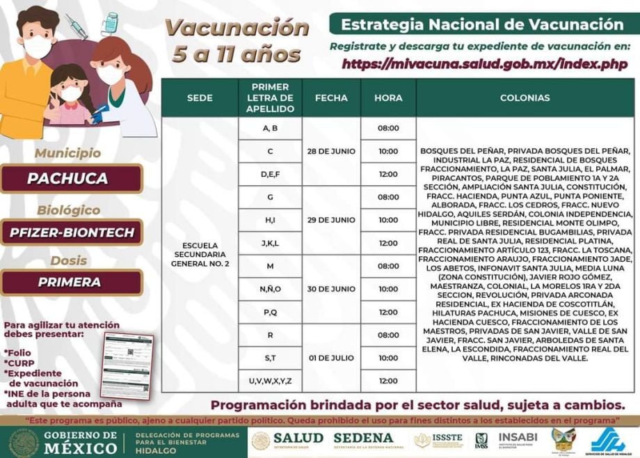 Sedes y horarios para vacunación de niñas y niños de 5 a 11 años en Pachuca