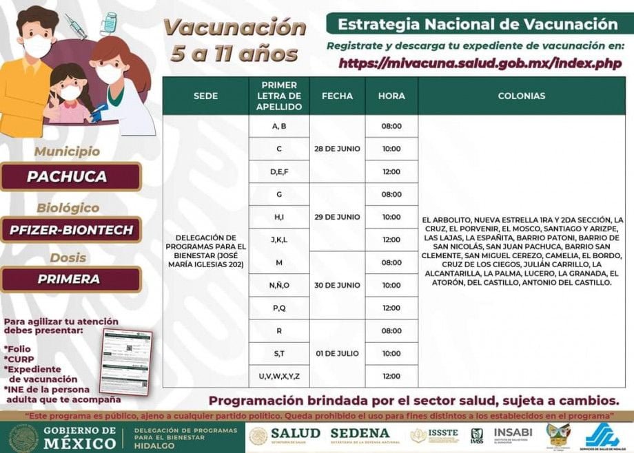 Sedes y horarios para vacunación de niñas y niños de 5 a 11 años en Pachuca