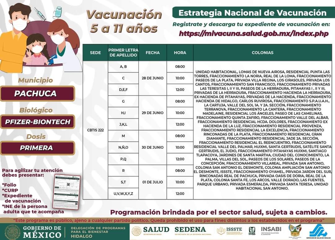 Sedes y horarios para vacunación de niñas y niños de 5 a 11 años en Pachuca