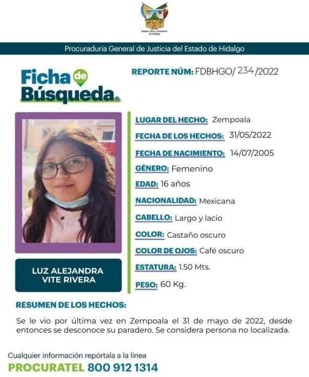 Piden ayuda para localizar a adolescente desaparecida en Zempoala