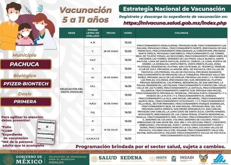 Sedes y horarios para vacunación de niñas y niños de 5 a 11 años en Pachuca