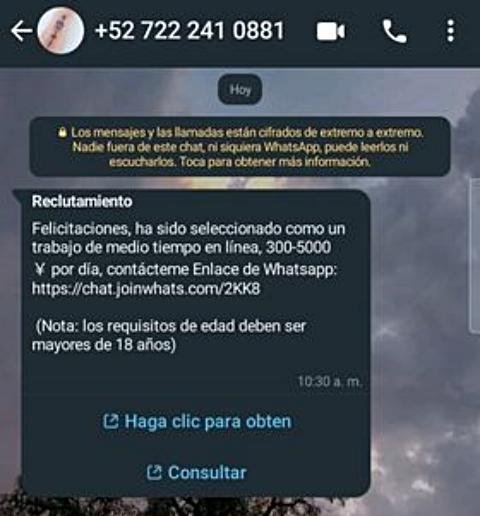 ¿Te llegó este mensaje por WhatsApp ofreciéndote trabajo? Ojo, es fraude