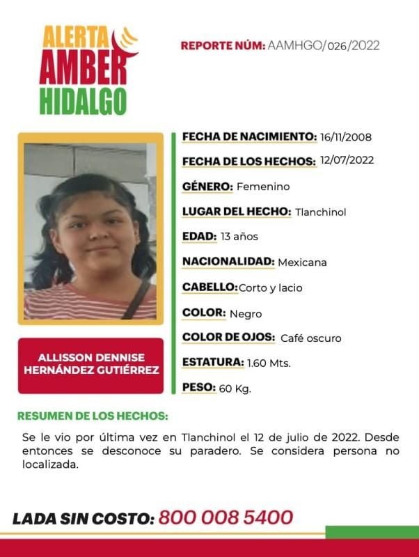 Activan Alerta Amber por menor desaparecida en Hidalgo