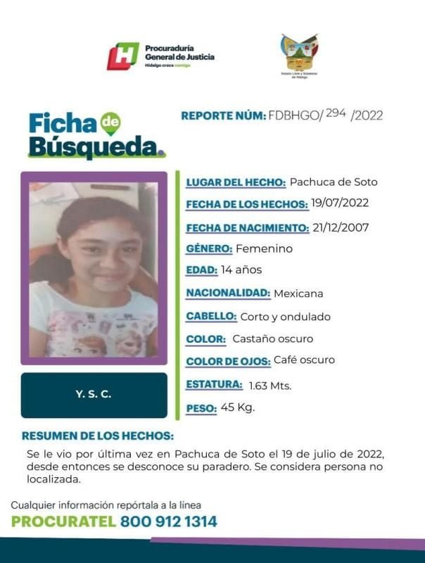 Piden ayuda para localizar a menor desaparecida en Pachuca