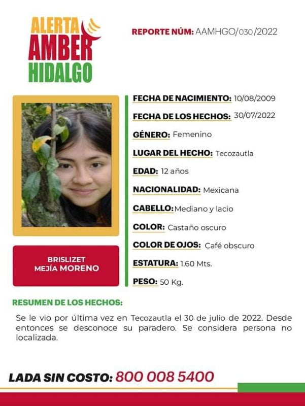 Emiten Alerta Amber por menor desaparecida en Pueblo Mágico de Hidalgo