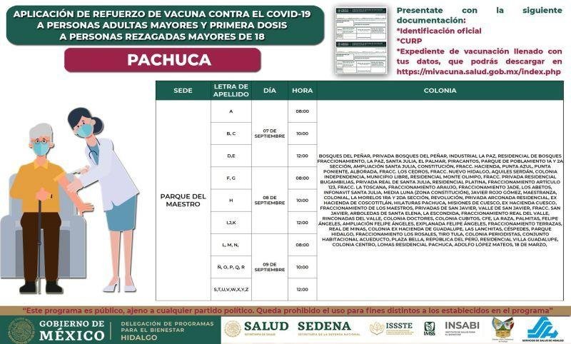 Aplicarán refuerzos y primeras dosis anticovid en cinco sedes esta semana en Pachuca