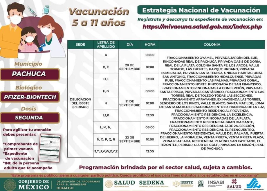 Segunda dosis anticovid para niñas y niños en Pachuca: días, sedes y horarios