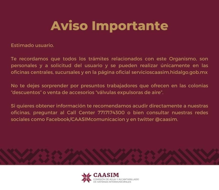 Presuntos trabajadores de CAASIM andan ofreciendo válvulas y descuentos; ¡ojo!, es fraude