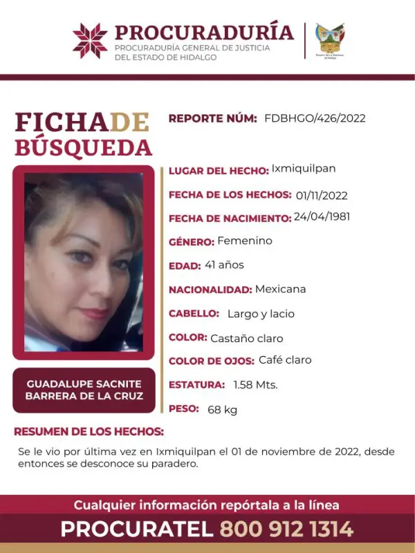 Activan ficha para encontrar a Guadalupe Sacnite, desaparecida en Hidalgo