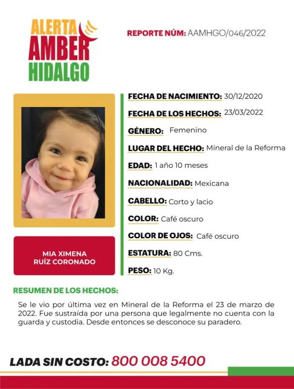 Activan Alerta Amber por pequeñita sustraída en Mineral de la Reforma