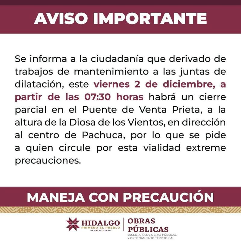 Cierre parcial en puente de Pachuca por mantenimiento