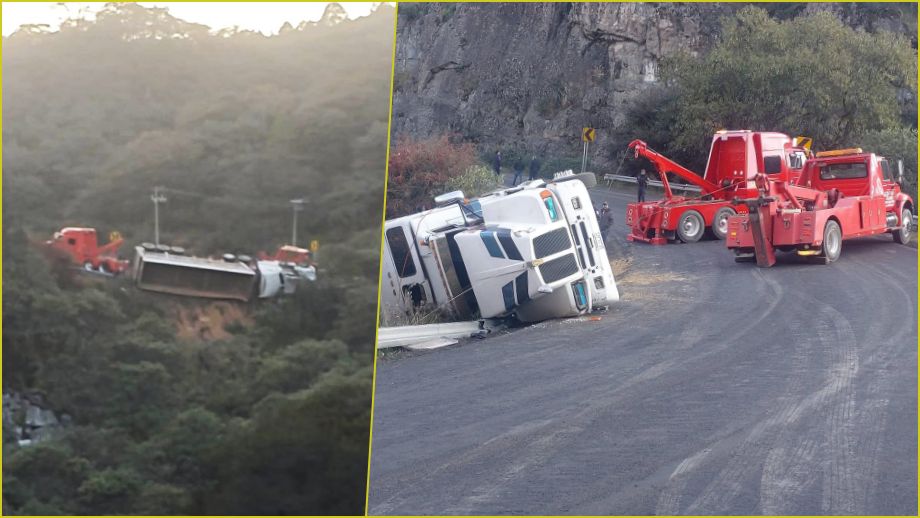 Vuelca tráiler en el Corredor de la Montaña y queda bloqueada la carretera