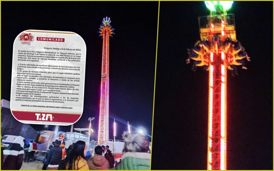 ¡Vaya susto! Quedan atrapados más de 3 horas en lo alto de una atracción de la Feria de Tizayuca