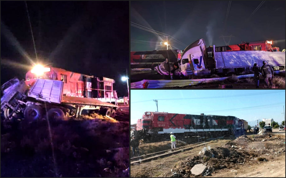 Descarrila tren tras impactar a un tráiler que intentó ganarle el paso en Pachuca; hay cierre de vialidad