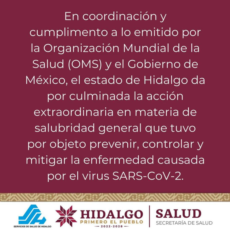 Dan por terminada la emergencia sanitaria de covid-19 en Hidalgo