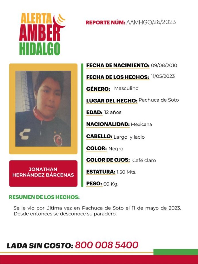 Activan Alerta Amber por menor desaparecido en Pachuca