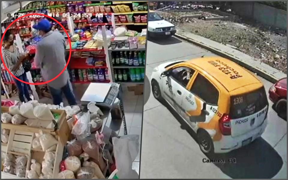 Ocupantes de un taxi son captados robando en tienda de abarrotes de Mineral de la Reforma