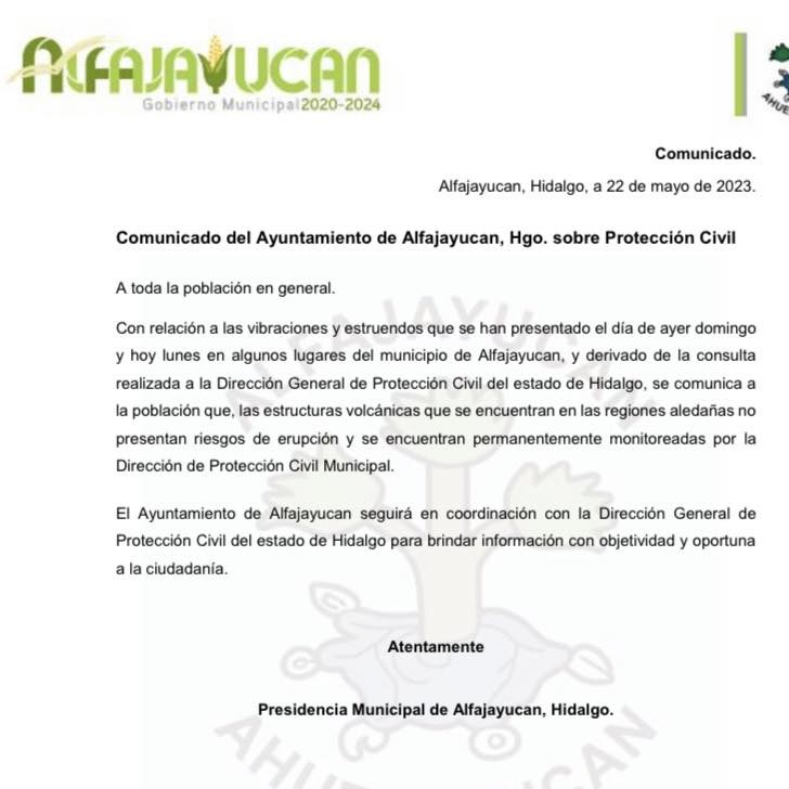 Estruendos y vibraciones causan alarma en el Valle del Mezquital; autoridades emiten comunicado