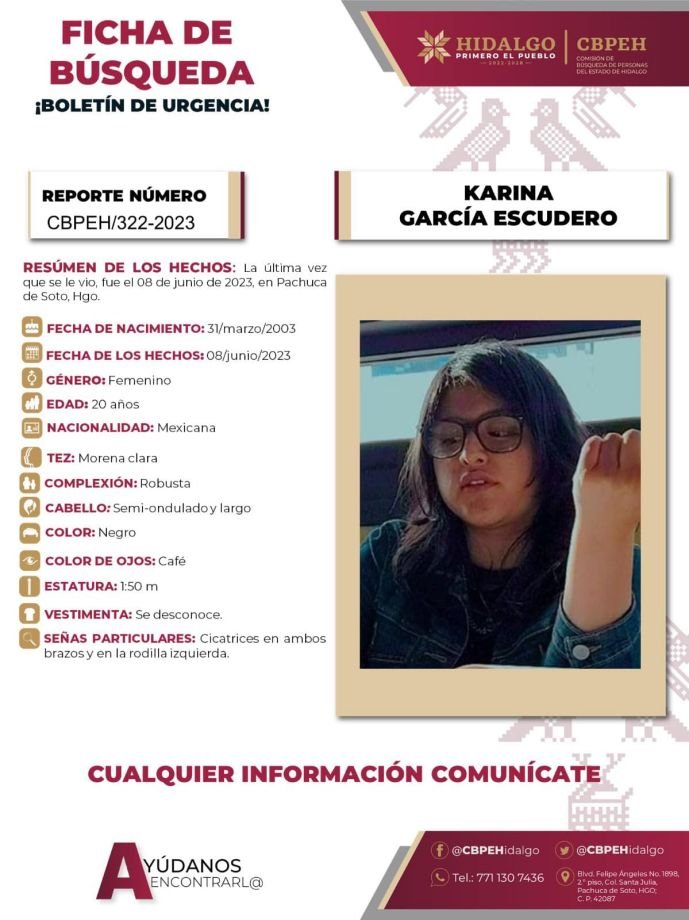 Karina, de 20 años de edad, desapareció en Pachuca
